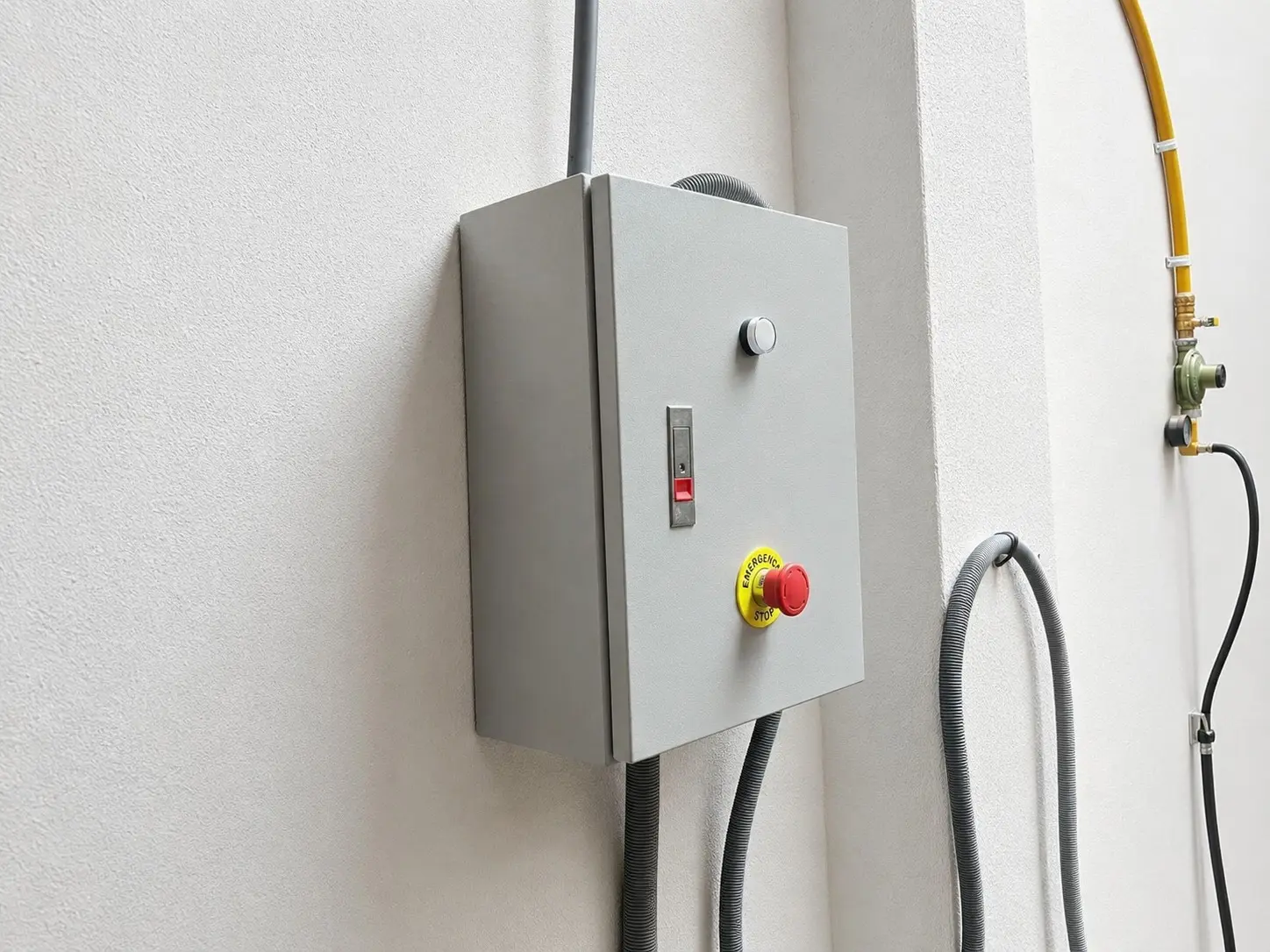 Tablero de control instalado en pared con seta de parada de emergencia