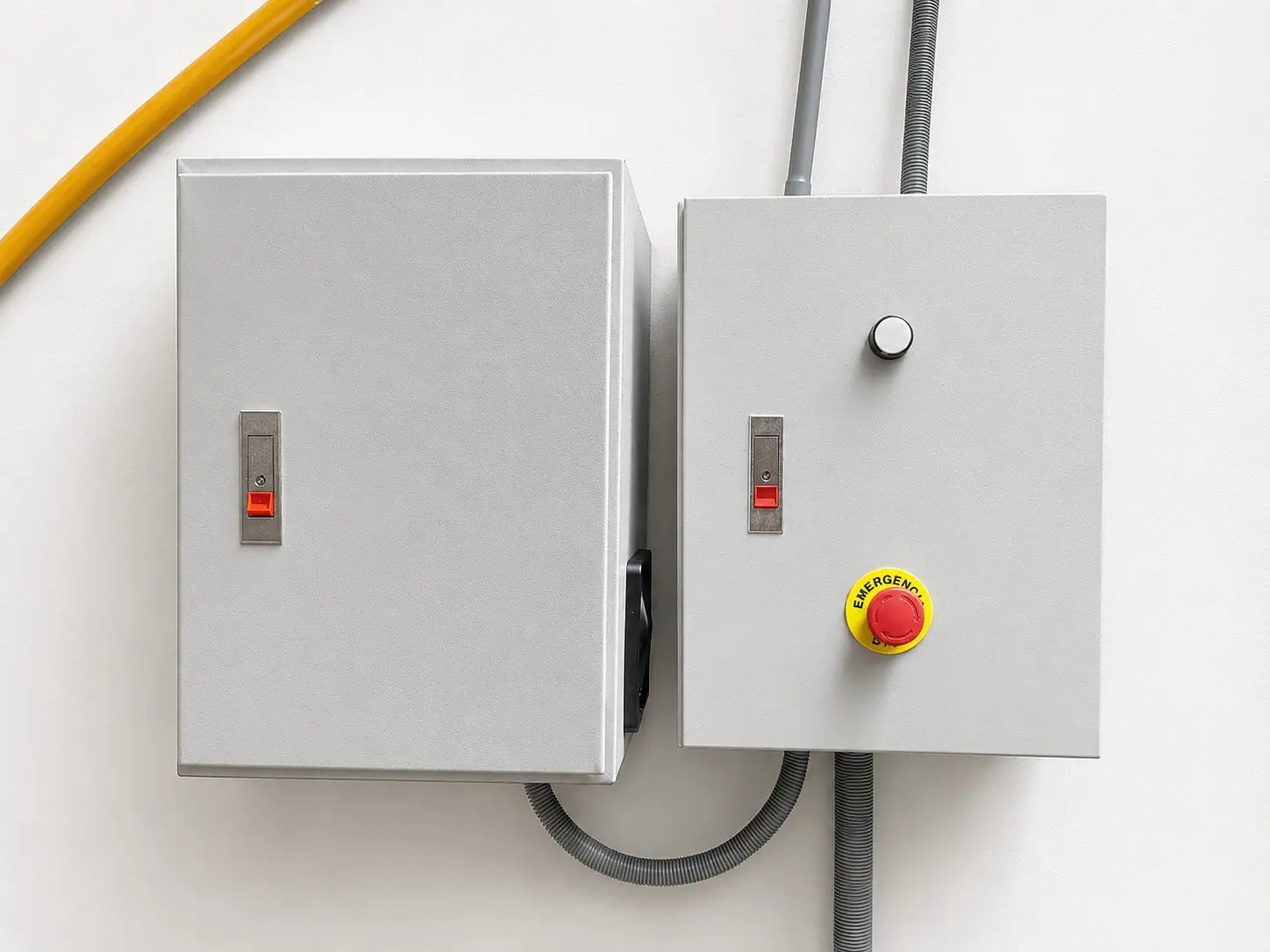 Dos tableros eléctricos con interruptores y parada de emergencia